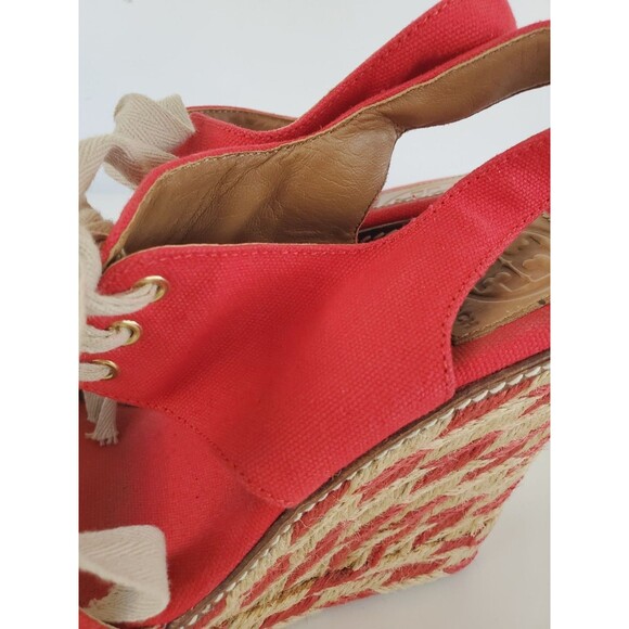 Tory Burch LINLEY Red Canvas Espadrille Wedge Sandals Size 10 M Shoes - Picture 7 of 12